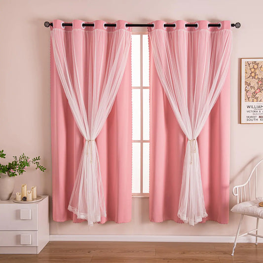 LUGOTAL Girls Curtains for Living Room Bedroom Curtains Double Layer Blackout Curtains 63 Inch Length Cute Room Decor Pink Curtain Window Drapes for Nursery (Pink 52W x 63L2 Panels)
