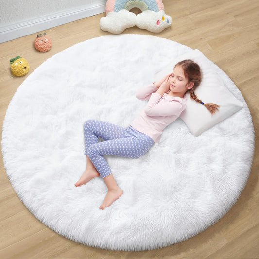 EVOIONOS Plush White Circular Rug 4ft - Soft & Non-Slip for Kids